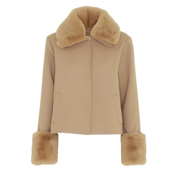 MEOTINE Vegan Faux Fur Trim Boxy Cropped Coat in Tan-S/M - Picture 1 of 8